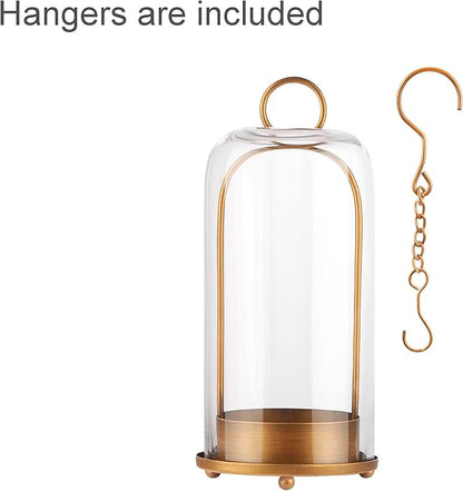 12" High Versatile Modern Metal Hurricane Lantern with Handmade Sturdy Glass Dome in Antique Brass for Pillar Candle & Plants, Industrial, Farmhouse, Shabby Chic (Brass, 5"x12")