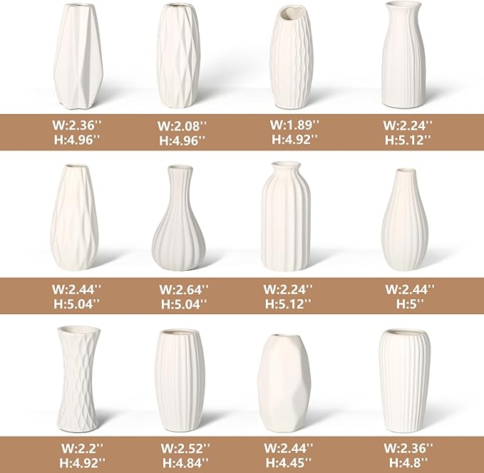 BEAHOT Ceramic Bud Vases Set of 12 - Matte Mini White Jars Bulk | Small White Ceramic Vases for Centerpieces, Wedding Floral Arrangements, DIY Crafts & Boho Table Decor (No Repeating Designs)