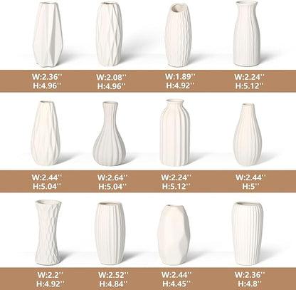 BEAHOT Ceramic Bud Vases Set of 12 - Matte Mini White Jars Bulk | Small White Ceramic Vases for Centerpieces, Wedding Floral Arrangements, DIY Crafts & Boho Table Decor (No Repeating Designs)