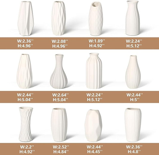 BEAHOT Ceramic Bud Vases Set of 12 - Matte Mini White Jars Bulk | Small White Ceramic Vases for Centerpieces, Wedding Floral Arrangements, DIY Crafts & Boho Table Decor (No Repeating Designs)