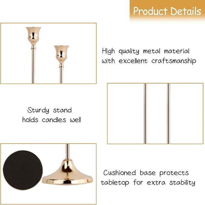 French Gold Candlestick Holders Set of 6, Metal Taper Candle Holders, Classic Decorative Candle Stick for Christmas, Wedding, Party, Dinner Tables,Home Décor