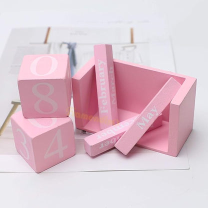 Framendino, Pink Vintage Wood Calendar Rustic Block Chic Perpetual Desktop Wooden Cubes for Home Office Desk Decoration