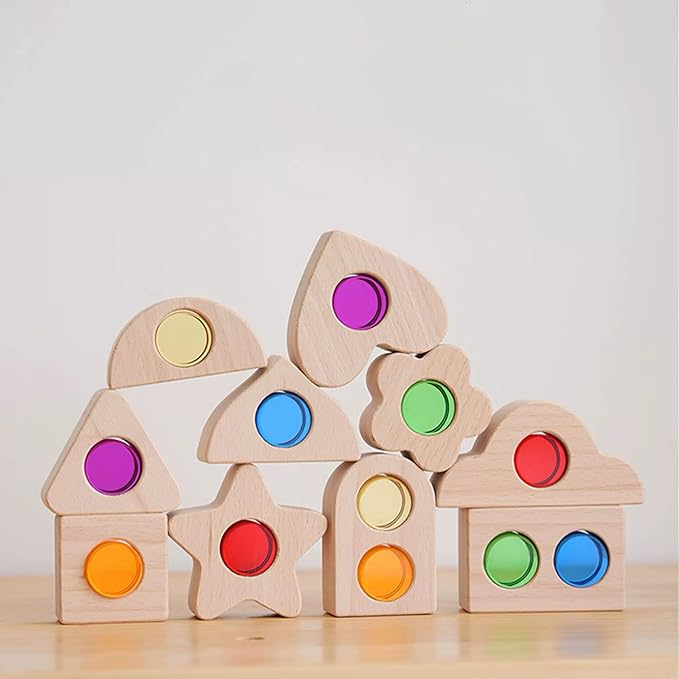 22PCS Wooden Colorful Acrylic Cylindrical Blocks Set, Acrylic Shape Inlay Toy Educational Light Shadow Construction Building Block Toy for Kids (22PCS Shape Inlay)