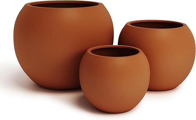 DTY Signature Mount Sherman Modern Indoor Outdoor Fiberstone Sphere Planter, Durable Round Garden Pot, Weather Resistant, Drainage Hole & Rubber Plug - Small, Terracotta