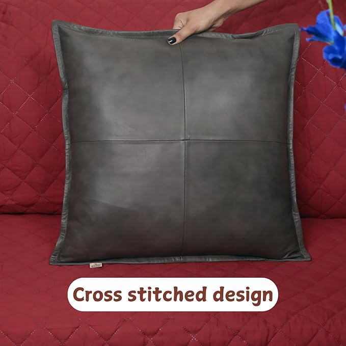 Lambskin Leather Pillow Cover - Sofa Cushion Case - Decorative Throw Covers for Living Room & Bedroom, 14x14 Inches - Grey Antique Box Pack of 2