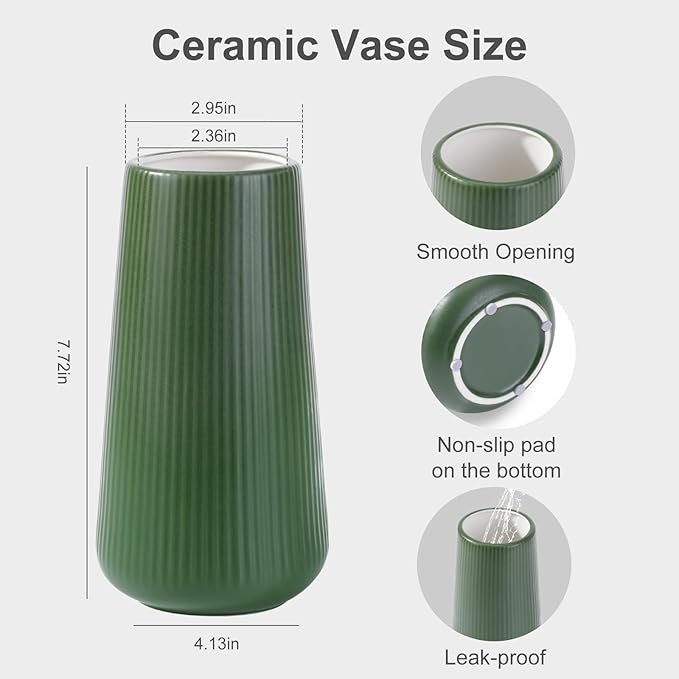 Alpinegreen Ceramic Vase, GUKJOB Small Cute Flower Vase for Pampas Grass, Home, Living Room, Dining Table, Farmhouse, Office Decor, Bedroom, Table, and Kitchen Shelf (Alpinegreen)