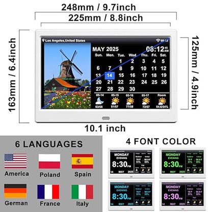 2025 Digital Clock with Auto Time Sync, Weather Forecast, Perpetual Calendar, Photo Frame, Temperature/Humidity Sensor & Custom Alarms - Large Display (White, 10.1 inch)