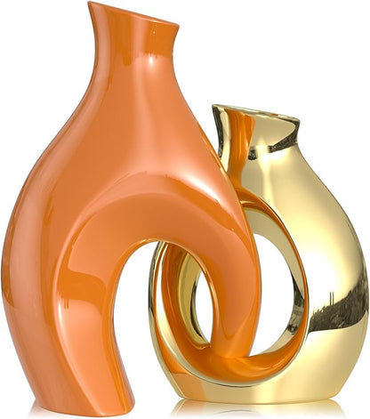Orange Gold Modern Abstract Ceramic Vases for Home Decor,Nordic Snuggle Hollow Design for Flowers Pampas Grass Decorative,for Living Room Coffee Table Centerpiece,Entrance,Console (Orange)