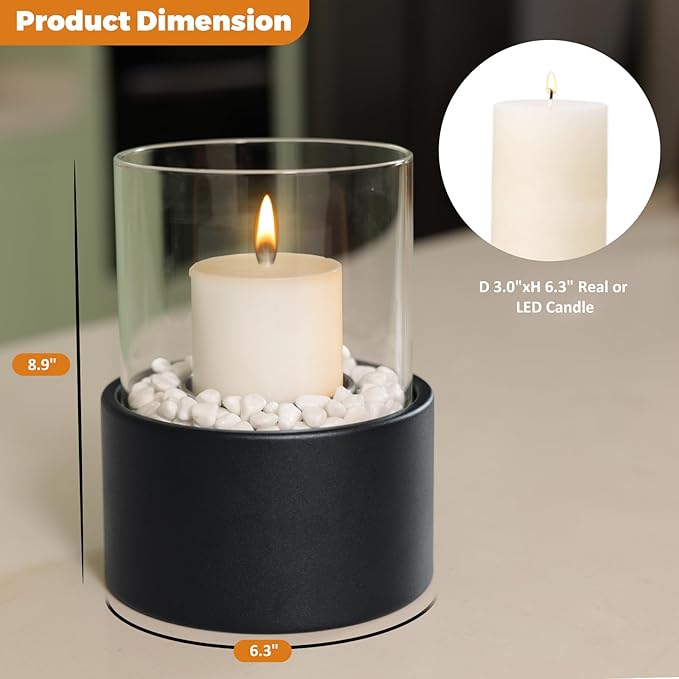 EastFlame Tabletop Pillar Hurricane Candleholder with Decorative Stones - Suitable for Dia 3" and Below Pillar Candles and Scented Candles, Gift for Lovers' Gathering, Home Decor, Parties & Weddings