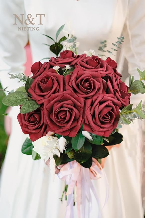 N&T NIETING Artificial Flowers, 25Pcs Fake Flowers Foam Roses with Stems Perfect DIY Wedding Bouquets Centerpieces Bridal Shower Party Valentine's Day Home Flower Arrangement Decorations, Dark Red