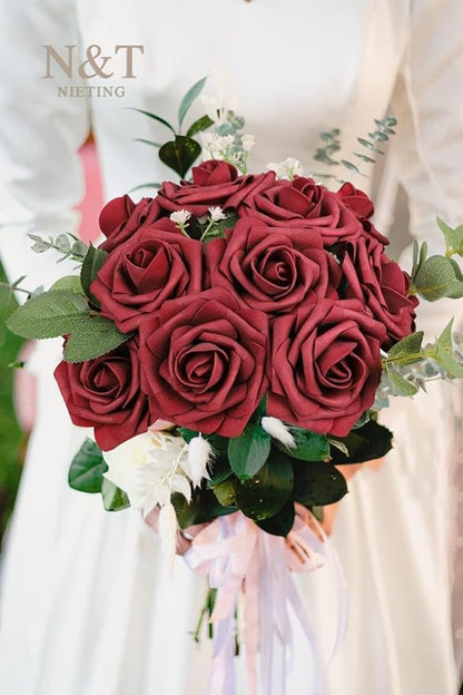 N&T NIETING Artificial Flowers, 25Pcs Fake Flowers Foam Roses with Stems Perfect DIY Wedding Bouquets Centerpieces Bridal Shower Party Valentine's Day Home Flower Arrangement Decorations, Dark Red
