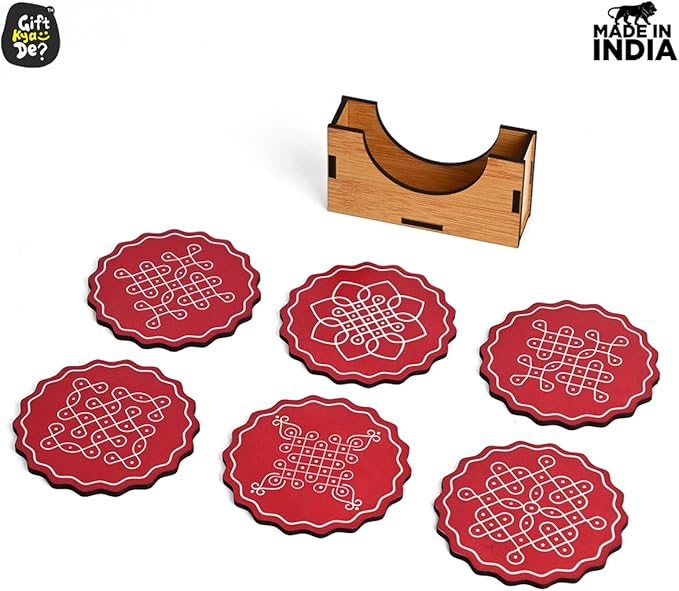GKD Coaster Set of 6 Fine Art Wooden Coasters with Proper Coaster Stand Coaster Set Fit for Tea Cups, Coffee Mugs and Glasses (3.5 X 3.5 Inch, Fine Design) Red