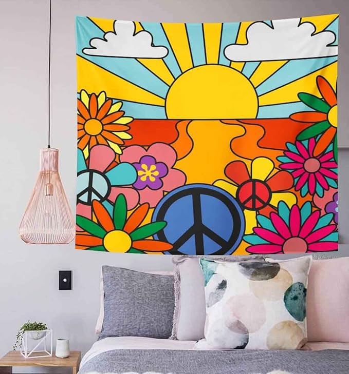 BULOR 70's Groovy Retro Sunshine Flowers Tapestry Wall Hangings, Rainbow Boho Funky Vintage Tapestry For Kids Student Bedroom Living Room Dorm Man Cave Background 60x60inch