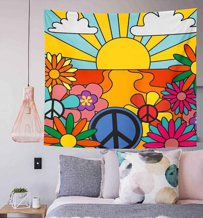 BULOR 70's Groovy Retro Sunshine Flowers Tapestry Wall Hangings, Rainbow Boho Funky Vintage Tapestry For Kids Student Bedroom Living Room Dorm Man Cave Background 60x60inch