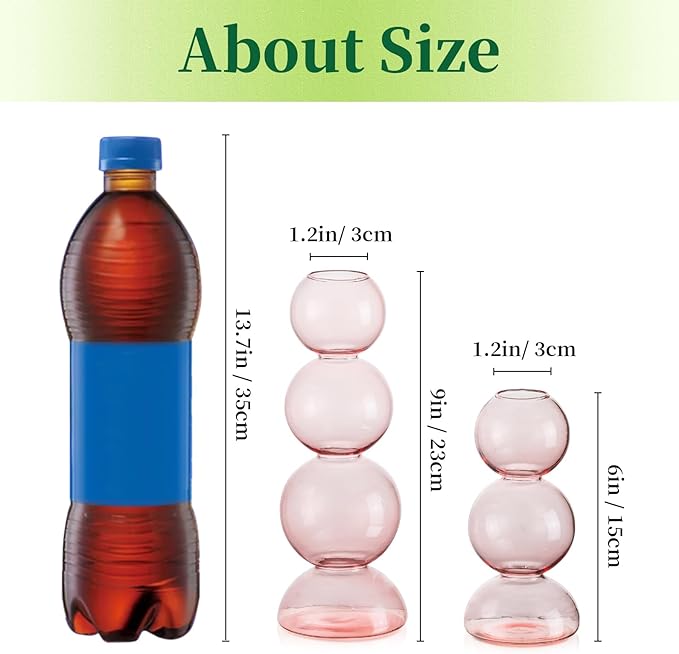 Glass Bubble Vases for Flowers, Hewory 2pcs Pink Unique Cute Single Flower Vase for Centerpieces, Funky Aesthetic Vase Skinny Bud Vase, Cool Groovy Decor for Home Living Room Bedroom Office Tabletop