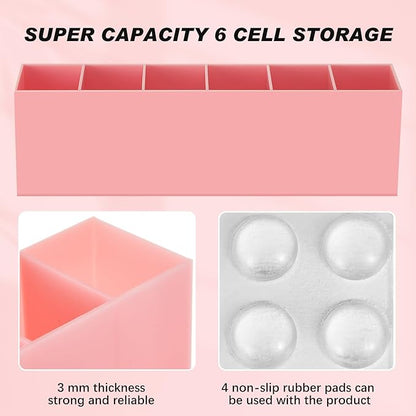 Jetec Acrylic Pen Holder 6 Compartments Makeup Brush Stationery Organizer Pencil Holder for Desk Accessories, Cosmetic Brushes, Dorm, Home, Bathroom, Kitchen, Office Supplies(Pink)