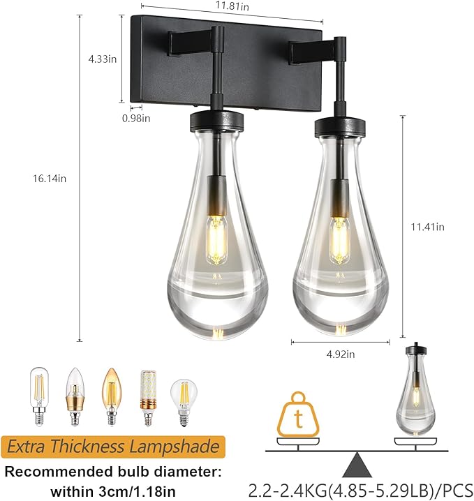 Raindrop Wall Sconces Black Crystal Sconces Wall Decor Modern Brass Lighting Glass Bathroom Sconces Indoor Vanity Light Wall Lamp for Bedroom Living Room Stair(2-Light)