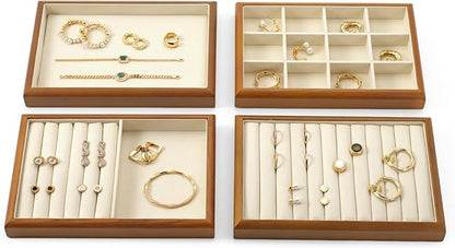 Oirlv Solid Wood 12 Grid Jewelry Organizer Tray Jewelry Drawer Organizer for Rings Earrings Storage Display(Creamy-white)