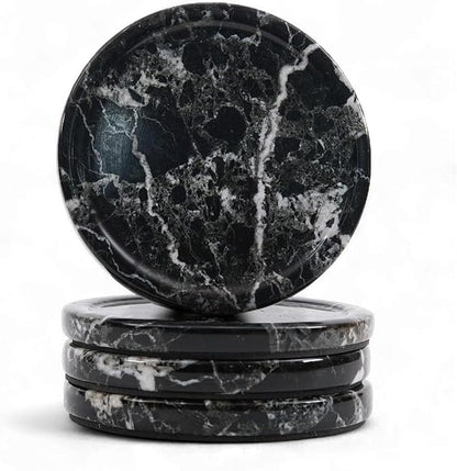 Marble Coasters Set of 4 for Drinks 4 Inches Round Black Stone Drink Coaster, Decorative for Coffee Table Decor, Kitchen Counter & Ideal