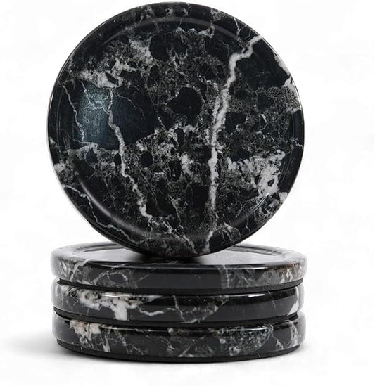 Marble Coasters Set of 4 for Drinks 4 Inches Round Black Stone Drink Coaster, Decorative for Coffee Table Decor, Kitchen Counter & Ideal