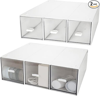 CertBuy 2 Pack Desk Organizer Stackable Storage Drawers with 6 Compartments White Plastic Makeup Storage Desk Organizer and Accessories Suitable for Office School Home (White)