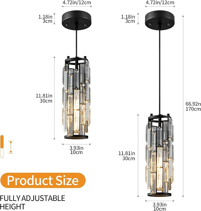 Pendant Lights Modern Black Pendant Light Mini Crystal Chandelier Pendant Lighting for Kitchen Island Dinning Room Bedroom Kitchen Sink Lighting (Black 2-Pack)