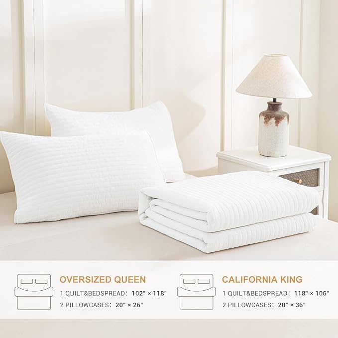 Sanracie Stonewashed Oversized King Bedspread(118"x106"), Cotton Milk White California King Quilt Coverlet Cross Stitch Ultra Soft Lightweight 3Pcs Crinkle Bed Coverlet Set for All Season