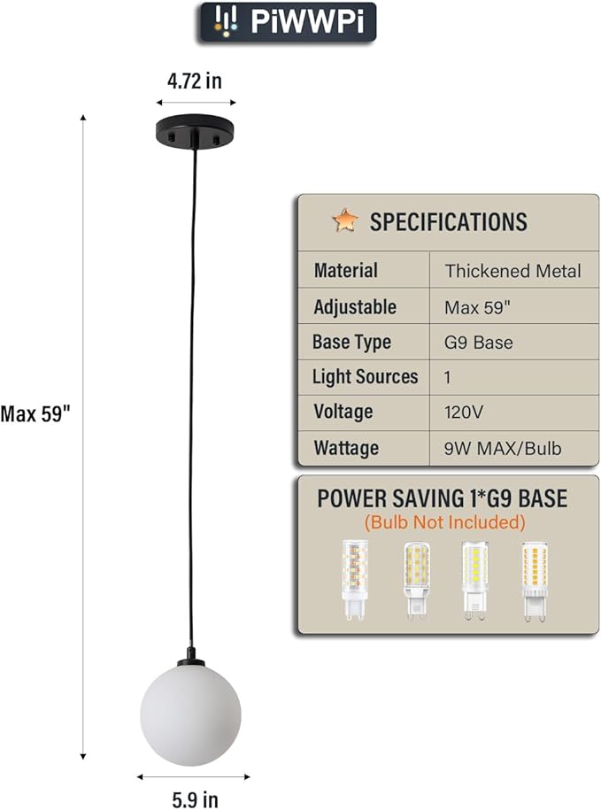 Mid Century Modern Chandelier, 1- Light Globe Glass Ceiling Hanging Chandelier, Black Pendant Light, White Spherical Blackout Bedside Lamp for Kitchen Island, Bedroom, Living Room, Dining Room
