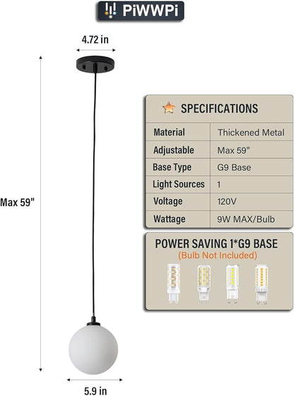 Mid Century Modern Chandelier, 1- Light Globe Glass Ceiling Hanging Chandelier, Black Pendant Light, White Spherical Blackout Bedside Lamp for Kitchen Island, Bedroom, Living Room, Dining Room