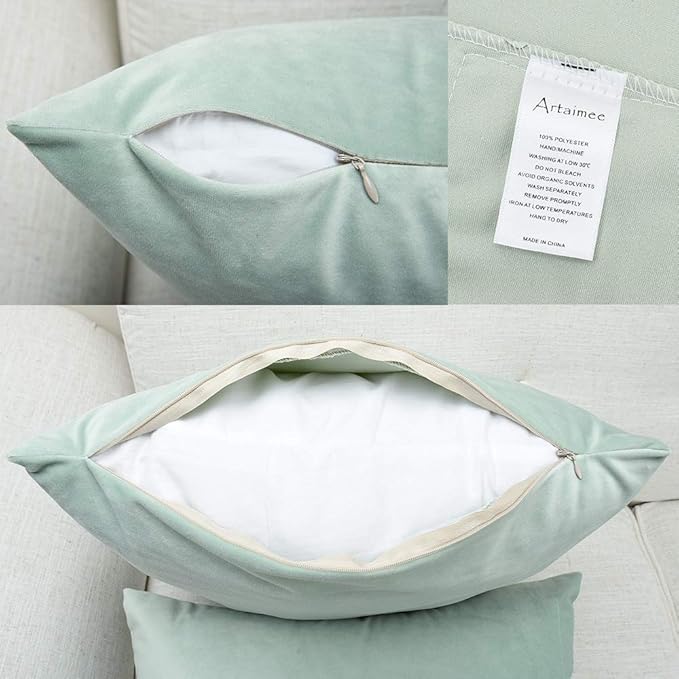 Artaimee Celadon Velvet Throw Pillow Covers 18x18 Inches (Pack of 2) | Soft and Cozy Cushion Covers for Sofa, Bed, Chair, Office | Machine Washable, Decorative Velvet Pillowcases