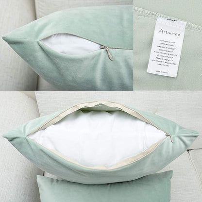 Artaimee Celadon Velvet Throw Pillow Covers 18x18 Inches (Pack of 2) | Soft and Cozy Cushion Covers for Sofa, Bed, Chair, Office | Machine Washable, Decorative Velvet Pillowcases