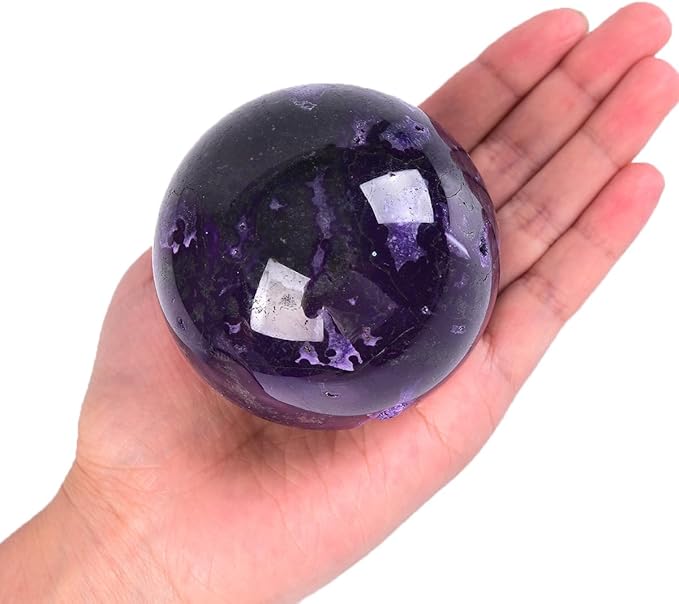 JIC Gem 2.7-3.1 inch(70-80mm) Large Purple Moss Agate Crystal Sphere Quartz Crystal Ball with Stand Healing Ornament Witchcraft Meditation Decor