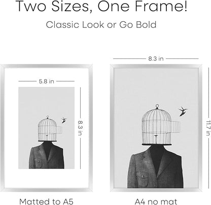 Homeforia A4 Picture Frame Silver, High End Metal 8.3 x 11.7 inch Silver Poster Frames with Mat 5.8 by 8.3 Art, A4 Frame Matted to A5 Photo, 8.3x11.7 Wall or Tabletop Frames, Tempered Glass, Set of 3