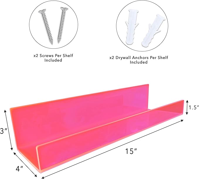 Neon Pink Acrylic Floating Shelves (Wall Mounted) for Bedroom, Bathroom, Living Room or Kitchen (Set of 2)
