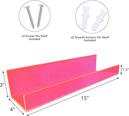 Neon Pink Acrylic Floating Shelves (Wall Mounted) for Bedroom, Bathroom, Living Room or Kitchen (Set of 2)