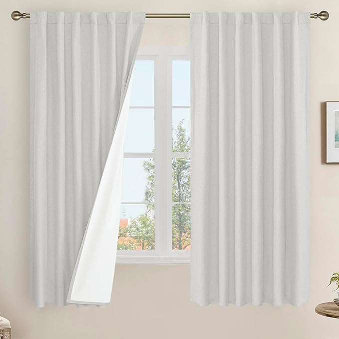 LAMIT Light Grey 100% Blackout Linen Curtains, 63 Inches Linen Textured Thermal Bedroom Curtains Back Tab and Rod Pocket Burlap Panels with White Liner for Farmhouse, 2 Panels, 52 x 63 Inch