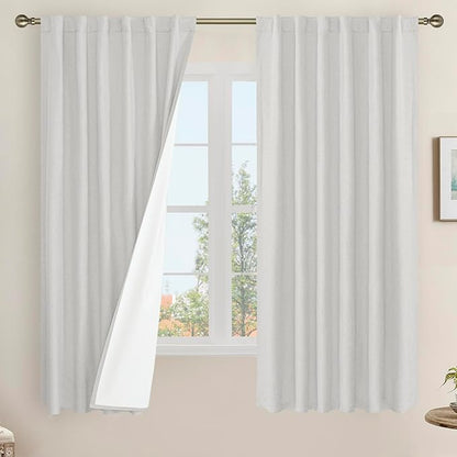LAMIT Light Grey 100% Blackout Linen Curtains, 63 Inches Linen Textured Thermal Bedroom Curtains Back Tab and Rod Pocket Burlap Panels with White Liner for Farmhouse, 2 Panels, 52 x 63 Inch