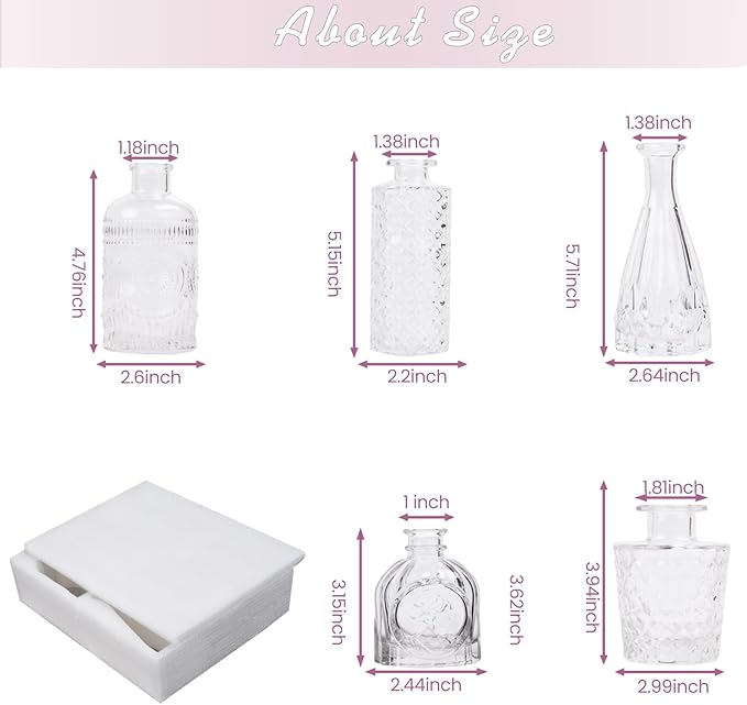 Glass Bud Vase Set of 5, Small Clear Flower Vases for Centerpieces in Bulk, Mini Vintage Vase for Wedding Decor, and Home Table Décor