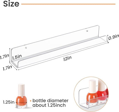 upsimples 6 Pack Clear Acrylic Shelves, 1.7" x12" Clear Wall Shelves for Nail Polish, Vinyl Wall Mount, Record Holder, Magazine Rack, Comic Display, Picture Ledge Shelf Décor