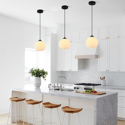 KCO Lighting Milk Glass Globe Pendant Lights Kitchen Island Industrial Vintage Ribbed Pendant Light Black Ceiling Hanging Light Fixture White Globe Pendant Light Fixture