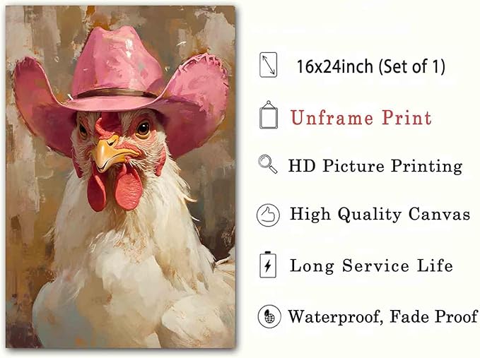 Farm Animal Prints Farmhouse Chicken Artwork Funny Animal Wall Art Vintage Cowboy Print Hen Rooster Painting Vintage Western Cowboy Posters Western Chicken Picture Home Decor 16x24inch No Frame