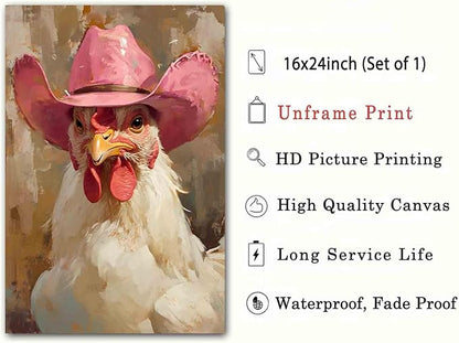 Farm Animal Prints Farmhouse Chicken Artwork Funny Animal Wall Art Vintage Cowboy Print Hen Rooster Painting Vintage Western Cowboy Posters Western Chicken Picture Home Decor 16x24inch No Frame