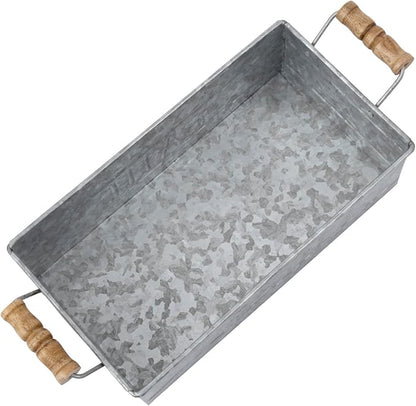 MyGift Vintage Bronze Metal Rectangular Storage Basket with Wooden Handles, Bathroom Toiletries Holder, Organizer Bin with Embossed Bath Label - Handcrafted in India (Silver)