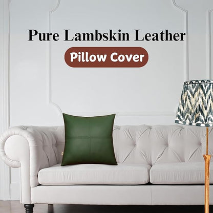 Lambskin Leather Pillow Cover, Hand Panel Stitched Leather Decorative Throw Pillow Covers for Couch Sofa Bed Living Room Garden (18x18 Inches, Dark Green Pack of 1)