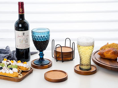 Acacia Wood Cork Coasters with Holder - Absorbent Rustic Cork Coasters for Coffee/Dining Tables & Desks - Set of 6, 4.13in Dark Brown