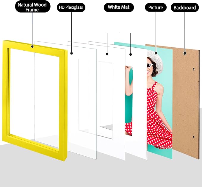 KINLINK 5x7 Picture Frame Yellow, Solid Wood Frames with Acrylic Plexiglass for 3.5x5/4x6 with Mat or 5x7 without Mat, Tabletop and Wall Display Photo Frame, Set of 4