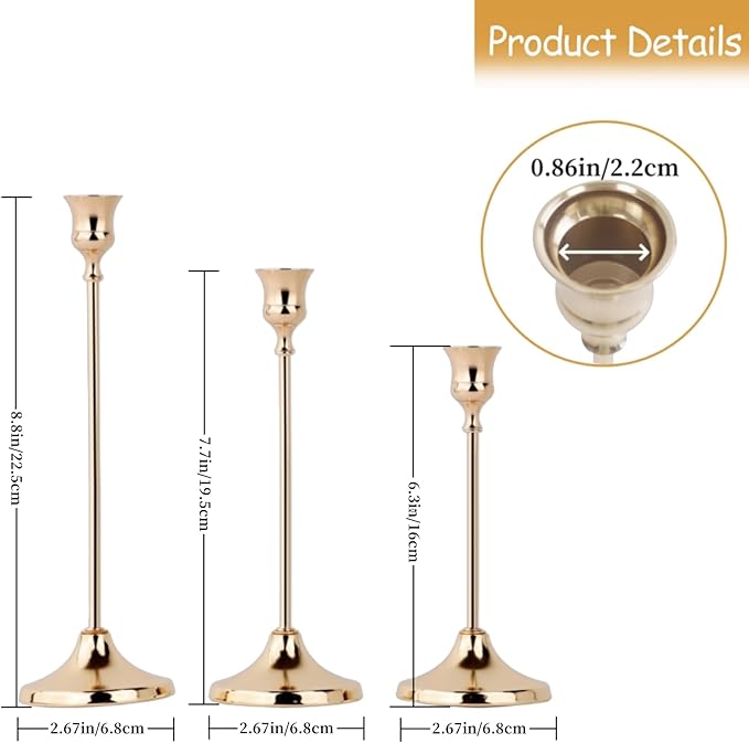 French Gold Candlestick Holders Set of 6, Metal Taper Candle Holders, Classic Decorative Candle Stick for Christmas, Wedding, Party, Dinner Tables,Home Décor