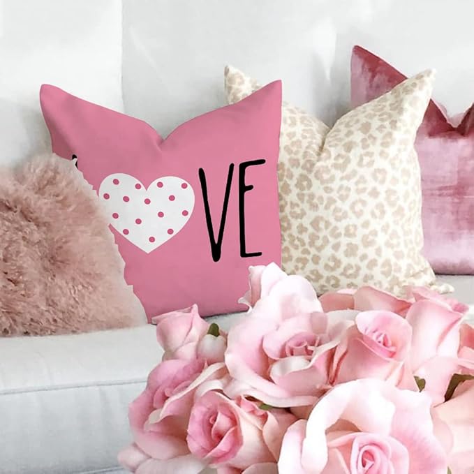 GEEORY Valentines Day Pillow Covers 18X18 inch Set of 4 for Valentines Decor Pink White Stripes Dots Love Heart Valentines Day Throw Pillows Decorative Cushion Cases Valentine Decorations