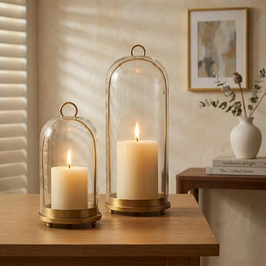 Hurricane Glass Candle Holders Set (5.1"×11.2" & 4.3"×7.7"), Metal Candle Holder with Hook Chains, Handmade Cloche Glass Dome & Antique Brass Candle Holder, for Pillar Candles, Floral Arrangements