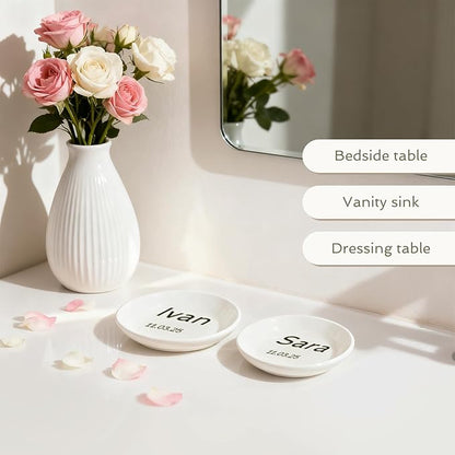 Personalized Mr and Mrs Ring Dish, Custom Ceramic Jewelry Dish, Holder Ring Holder for Friends,Birthday Mother's Day Christmas New Year Gift, Engrave Names, Dates or Special Messages 2.6 Inches, 2PCS